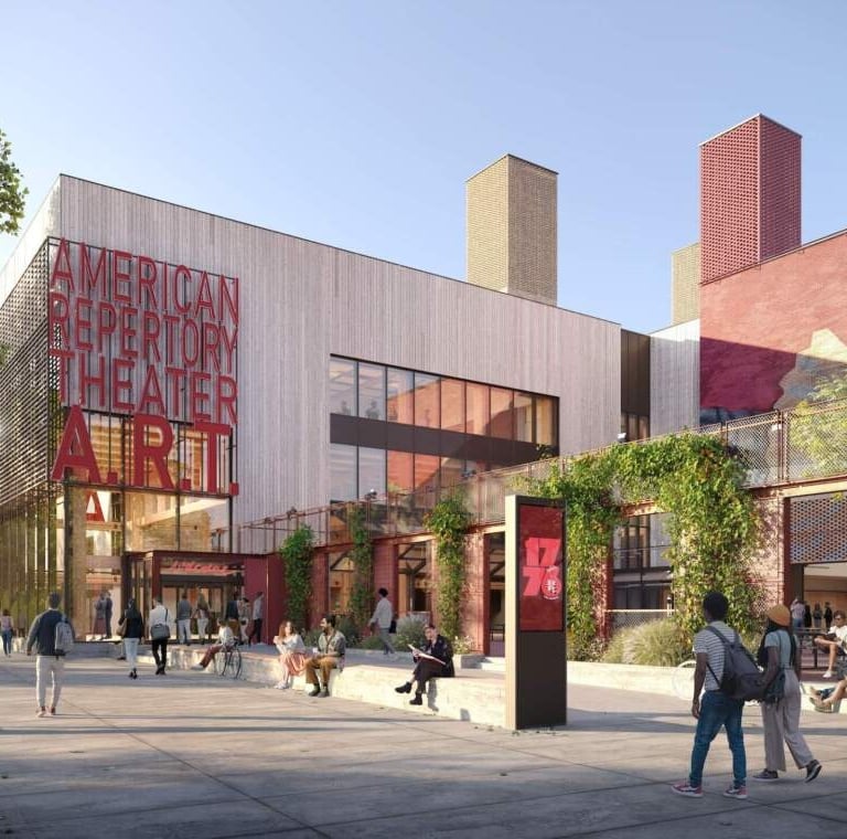 A modern, rendered view of the exterior of the American Repertory Theater (A.R.T.) building, with large red letters on the facade, a glass entryway, and an outdoor plaza with people sitting and walking.