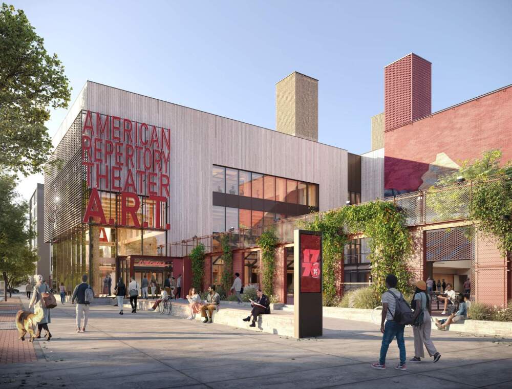 A modern, rendered view of the exterior of the American Repertory Theater (A.R.T.) building, with large red letters on the facade, a glass entryway, and an outdoor plaza with people sitting and walking.