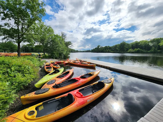 Kayaks in river near Allston