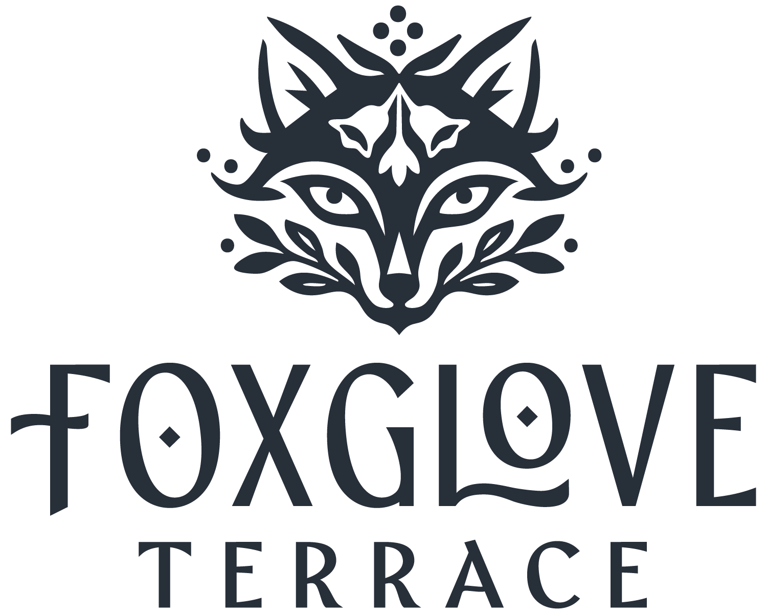 Logo for Foxglove Terrace: a stylized fox head with ornamental leaves above the word Foxglove Terrace.