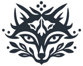 Stylized dark-blue wolf head emblem with ornamental leaf accents.