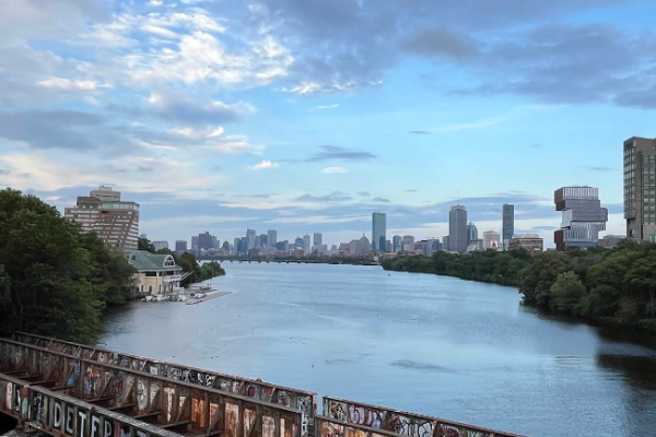 Graffiti-covered bridge railing in the foreground, calm river, and a distant city skyline under a blue sky.