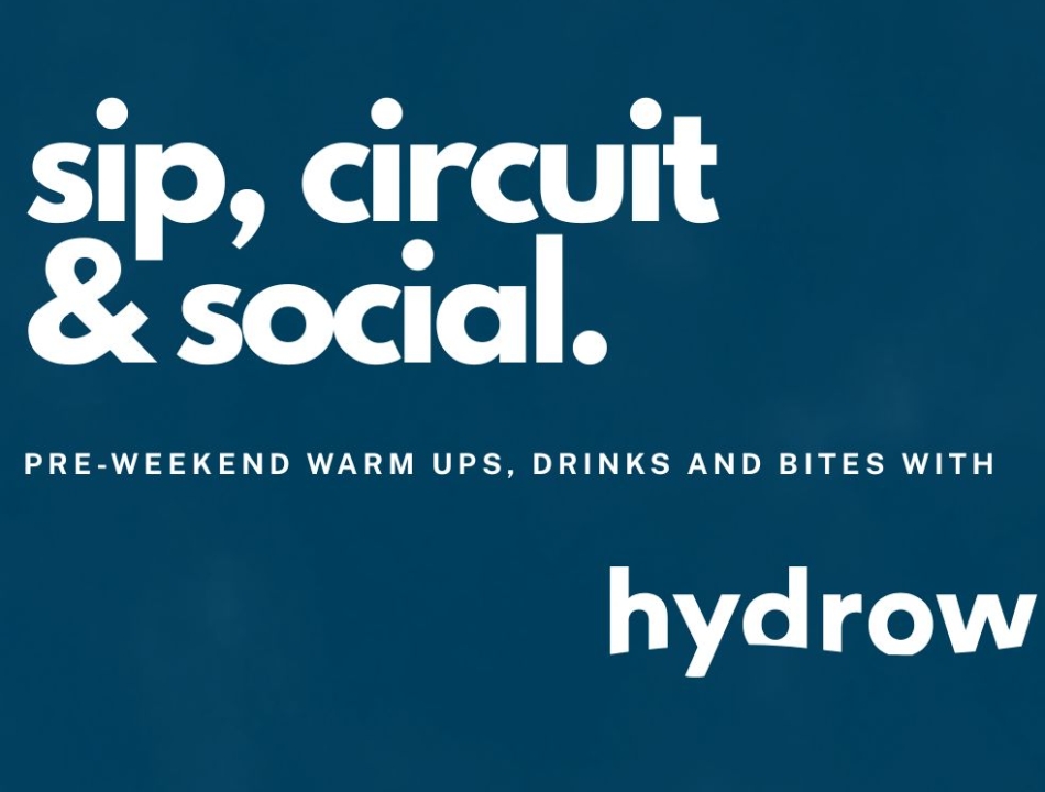 Poster for the event 'sip, circuit & social' featuring Hydrow; Oct 16, 2026, 5:30–7:30 PM, 6th Floor, The Atlas Hotel, Boston.